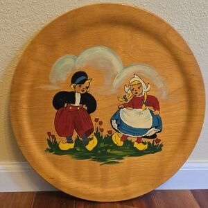 Hand-Painted Wooden Plate with Dutch Scene